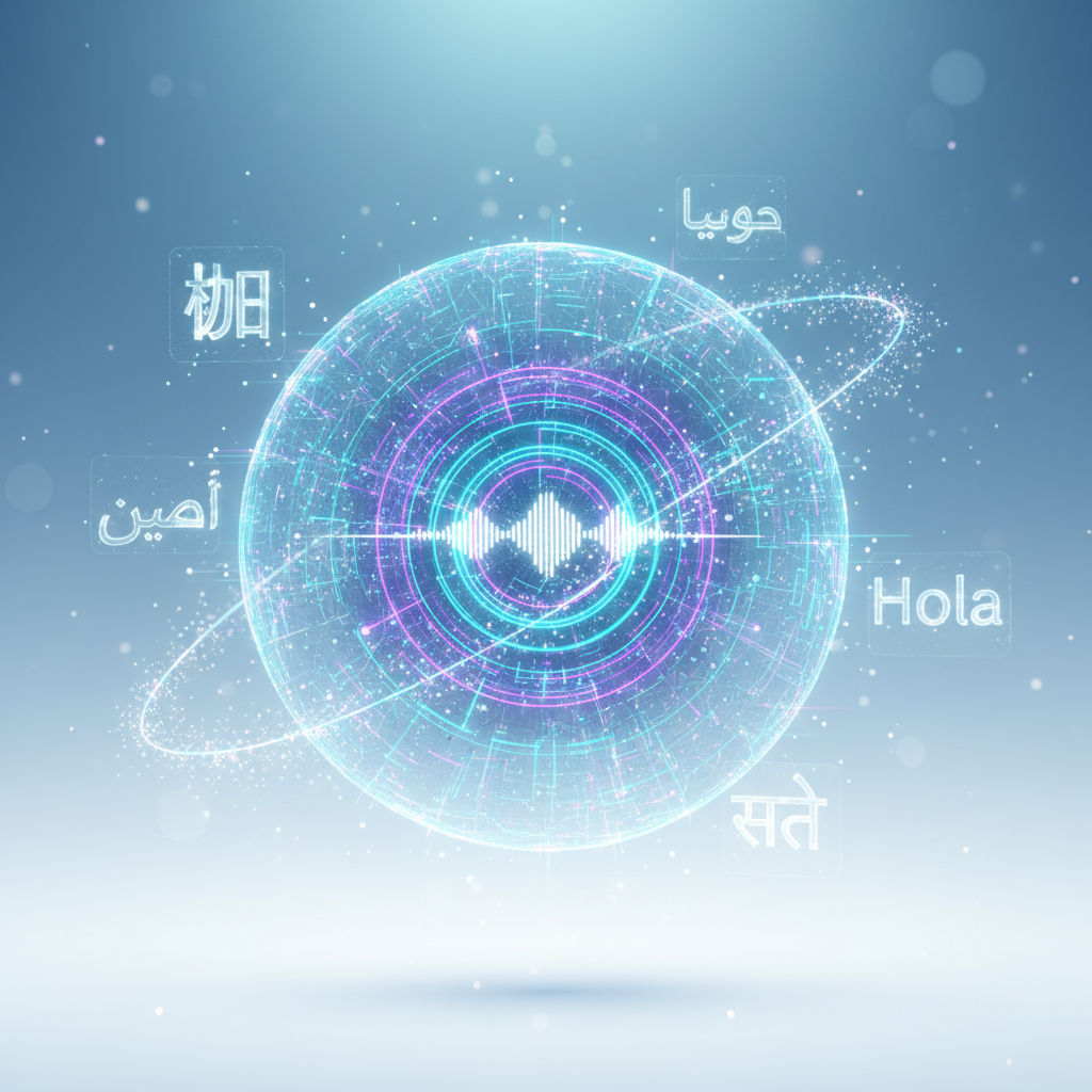 Real-time voice translation illustration showing a speaker and multilingual listeners