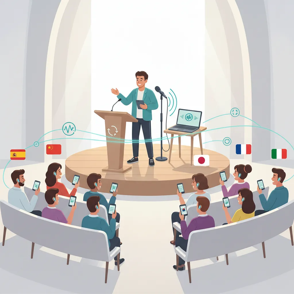 A speaker on stage while listeners in the audience hear the message in their own languages on their phones